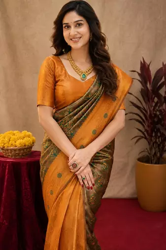 Green orange art silk blend banarasi jacuard work saree with unstitched blouse piece