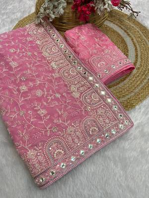 Baby pink zari embroidery work georgette saree with blouse 4