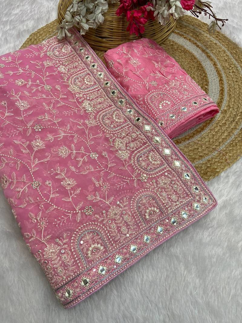Baby pink zari embroidery work georgette saree with blouse
