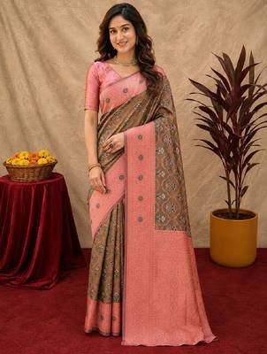 Green pink art silk blend banarasi jacuard work saree with unstitched blouse piece 1