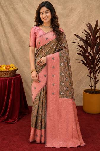 Green pink art silk blend banarasi jacuard work saree with unstitched blouse piece