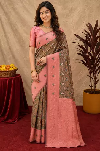 Green pink art silk blend banarasi jacuard work saree with unstitched blouse piece