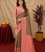 Green pink art silk blend banarasi jacuard work saree with unstitched blouse piece
