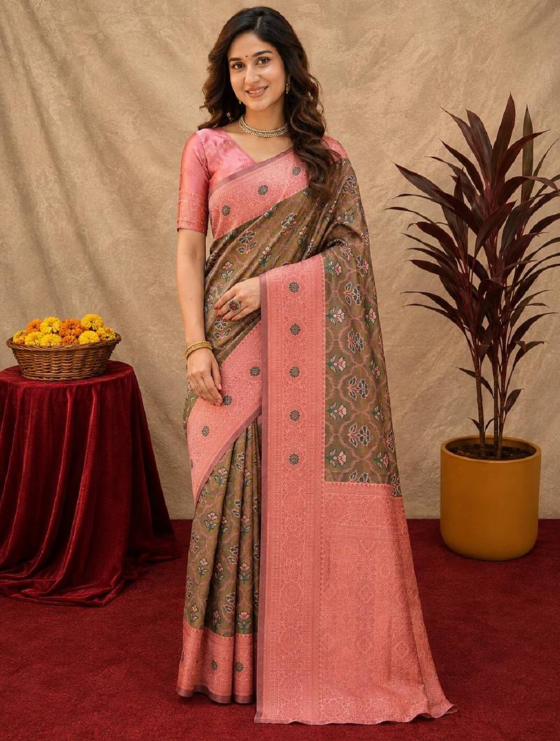 Green pink art silk blend banarasi jacuard work saree with unstitched blouse piece