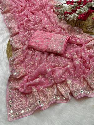 Baby pink zari embroidery work georgette saree with blouse 5
