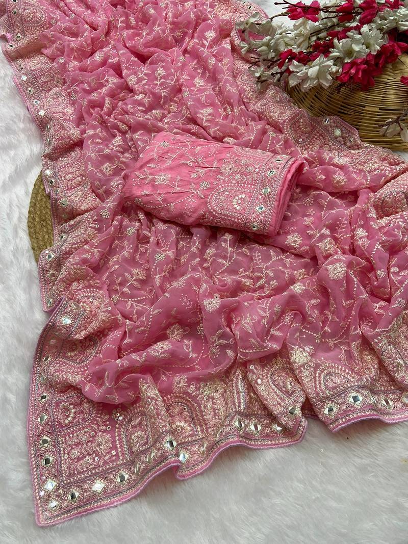 Baby pink zari embroidery work georgette saree with blouse