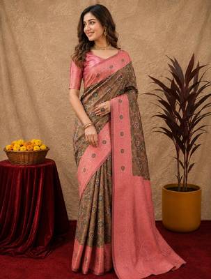 Green pink art silk blend banarasi jacuard work saree with unstitched blouse piece 2