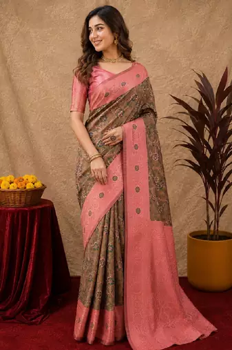 Green pink art silk blend banarasi jacuard work saree with unstitched blouse piece