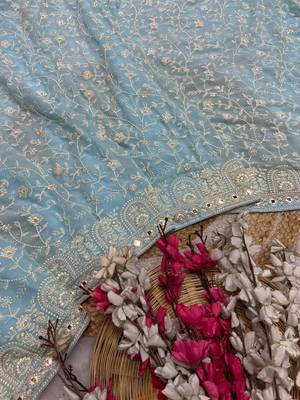 Firozi zari embroidery work georgette saree with blouse 1