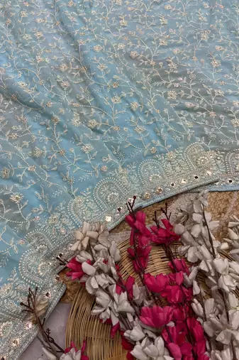 Firozi zari embroidery work georgette saree with blouse