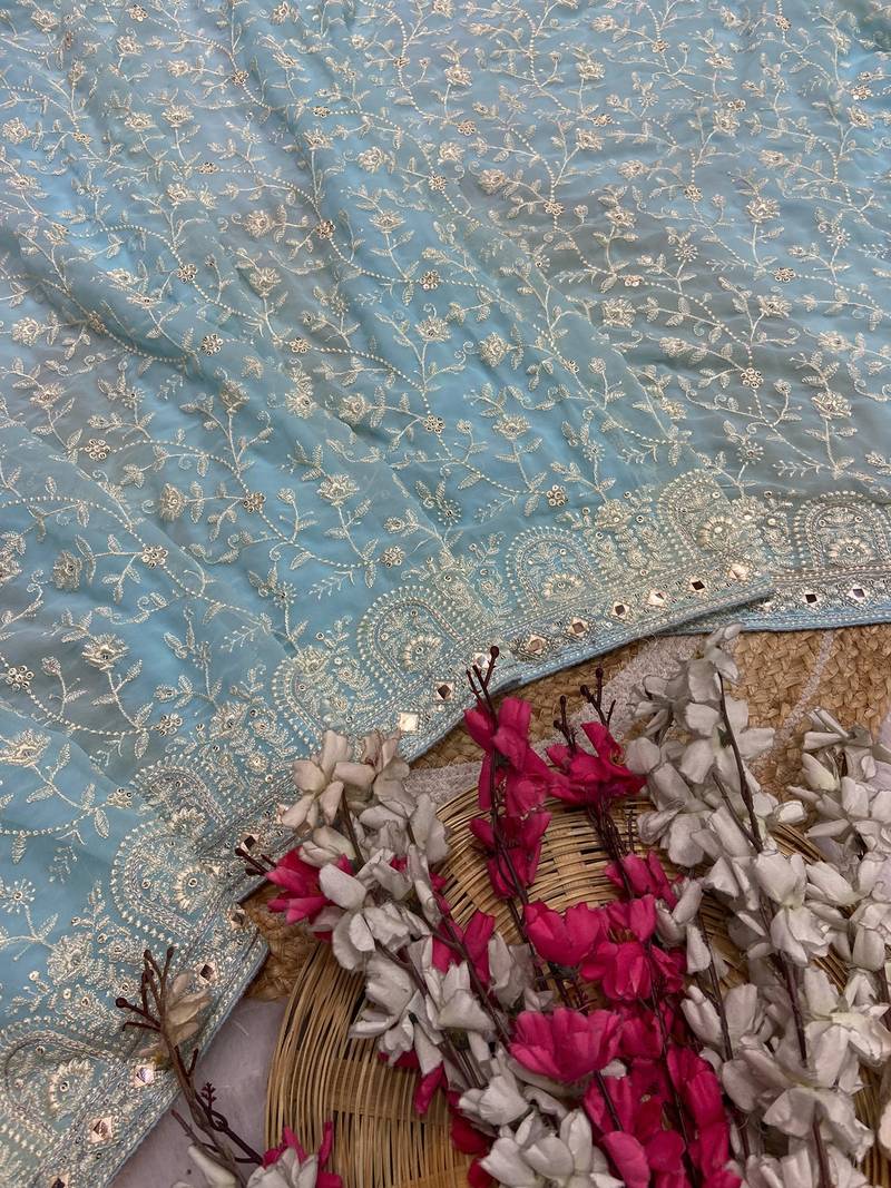 Firozi zari embroidery work georgette saree with blouse