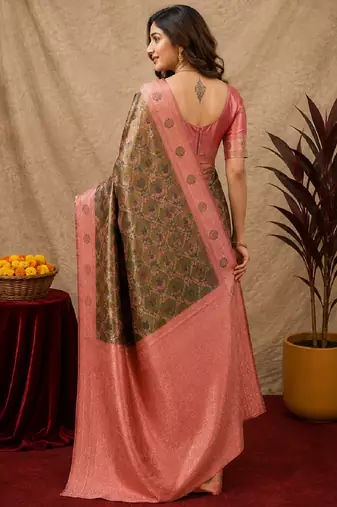 Green pink art silk blend banarasi jacuard work saree with unstitched blouse piece