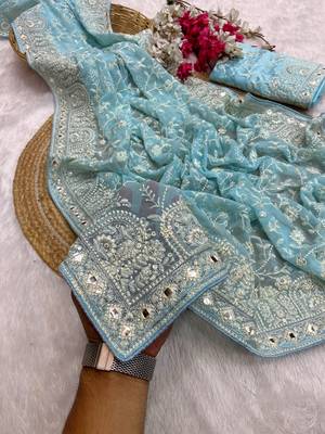 Firozi zari embroidery work georgette saree with blouse 2