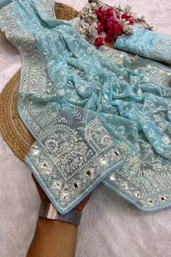 Firozi zari embroidery work georgette saree with blouse