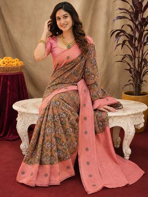 Green pink art silk blend banarasi jacuard work saree with unstitched blouse piece 4