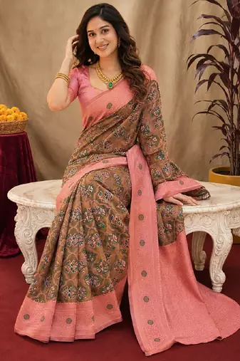 Green pink art silk blend banarasi jacuard work saree with unstitched blouse piece