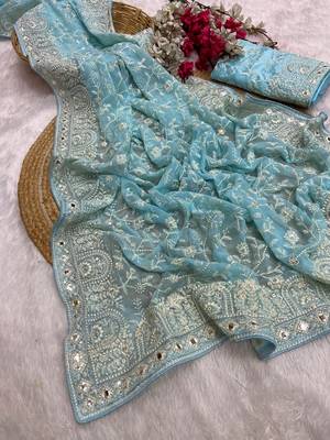 Firozi zari embroidery work georgette saree with blouse 3