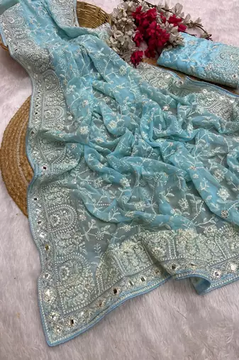 Firozi zari embroidery work georgette saree with blouse