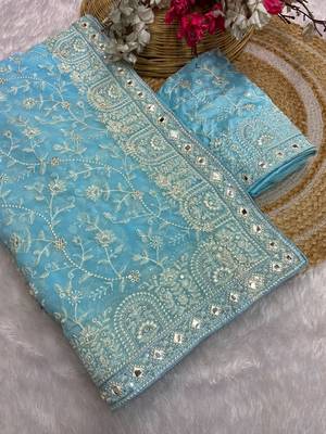 Firozi zari embroidery work georgette saree with blouse 4