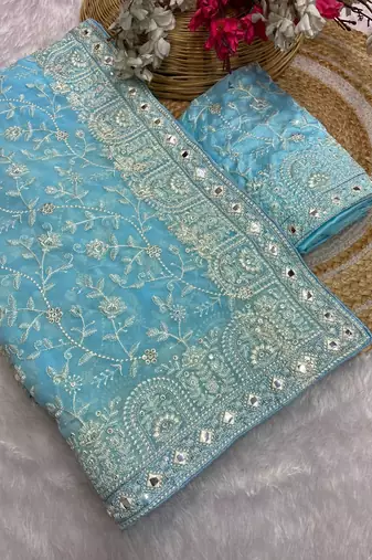Firozi zari embroidery work georgette saree with blouse