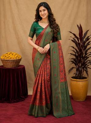 Orange green art silk blend banarasi jacuard work saree with unstitched blouse piece 1