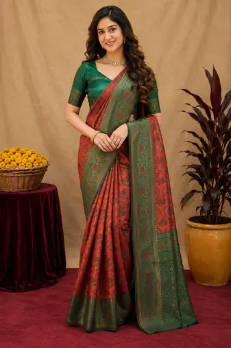 Orange green art silk blend banarasi jacuard work saree with unstitched blouse piece