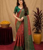 Orange green art silk blend banarasi jacuard work saree with unstitched blouse piece