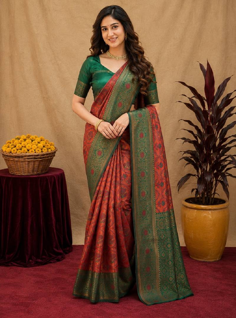 Orange green art silk blend banarasi jacuard work saree with unstitched blouse piece