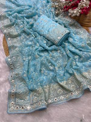 Firozi zari embroidery work georgette saree with blouse 5
