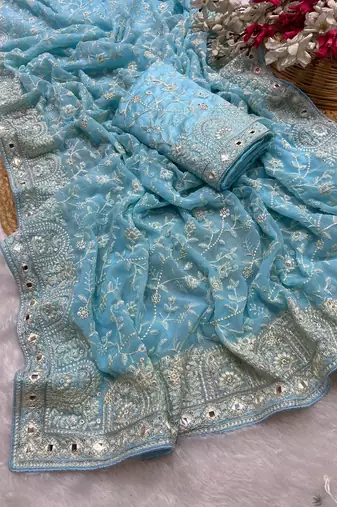 Firozi zari embroidery work georgette saree with blouse