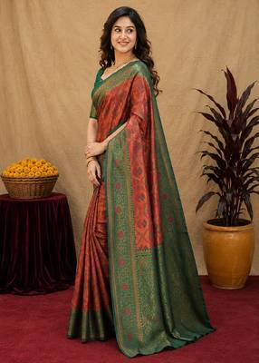 Orange green art silk blend banarasi jacuard work saree with unstitched blouse piece 2