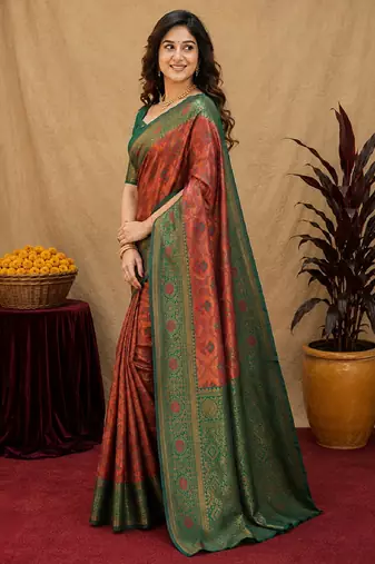 Orange green art silk blend banarasi jacuard work saree with unstitched blouse piece