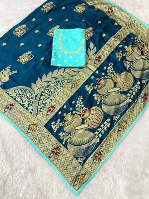 Firozi top dyed weaving dola silk blend saree with blouse 1