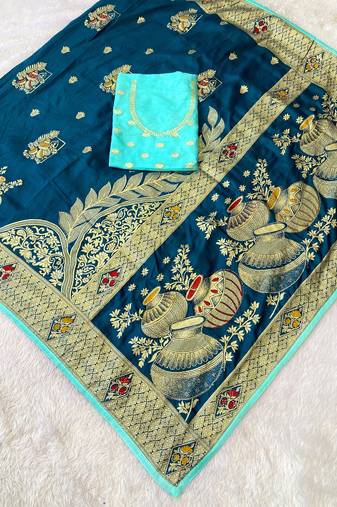 Firozi top dyed weaving dola silk blend saree with blouse