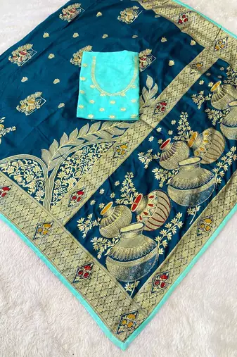 Firozi top dyed weaving dola silk blend saree with blouse