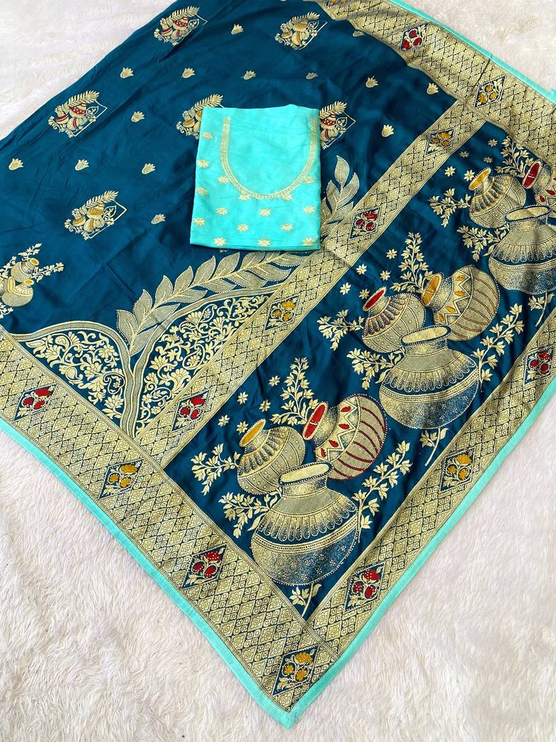 Firozi top dyed weaving dola silk blend saree with blouse