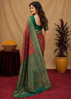 Orange green art silk blend banarasi jacuard work saree with unstitched blouse piece 3