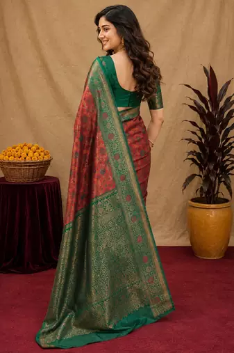 Orange green art silk blend banarasi jacuard work saree with unstitched blouse piece