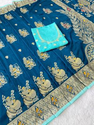 Firozi top dyed weaving dola silk blend saree with blouse 2