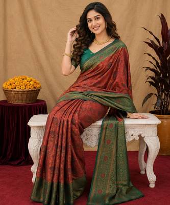 Orange green art silk blend banarasi jacuard work saree with unstitched blouse piece 4