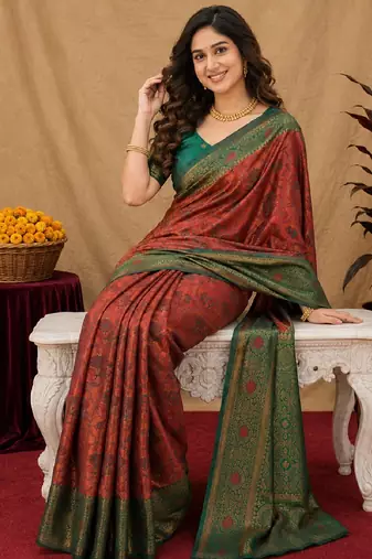 Orange green art silk blend banarasi jacuard work saree with unstitched blouse piece