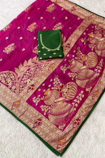 Rani pink top dyed weaving dola silk blend saree with blouse
