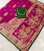 Rani pink top dyed weaving dola silk blend saree with blouse
