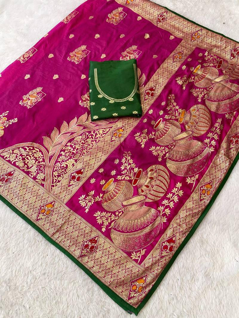 Rani pink top dyed weaving dola silk blend saree with blouse