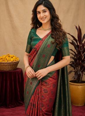 Orange green art silk blend banarasi jacuard work saree with unstitched blouse piece 5