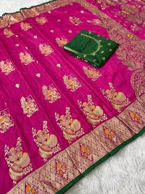 Rani pink top dyed weaving dola silk blend saree with blouse 2