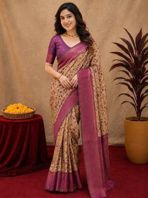 Beige wine Art silk blend banarasi jacuard bird motif work saree with unstitched blouse piece 1
