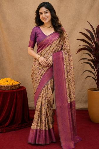 Beige wine Art silk blend banarasi jacuard bird motif work saree with unstitched blouse piece