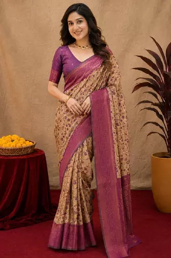 Beige wine Art silk blend banarasi jacuard bird motif work saree with unstitched blouse piece