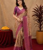 Beige wine Art silk blend banarasi jacuard bird motif work saree with unstitched blouse piece